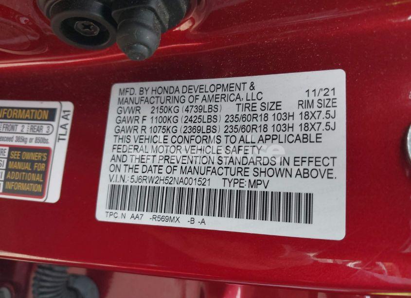 Photo 9 of 2022 Honda Cr-v AWD EX (VIN 5J6RW2H52NA001521)