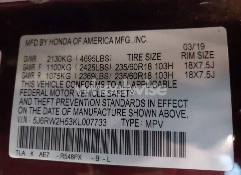 Photo 9 of 2019 Honda Cr-v EX (VIN 5J6RW2H53KL007733)