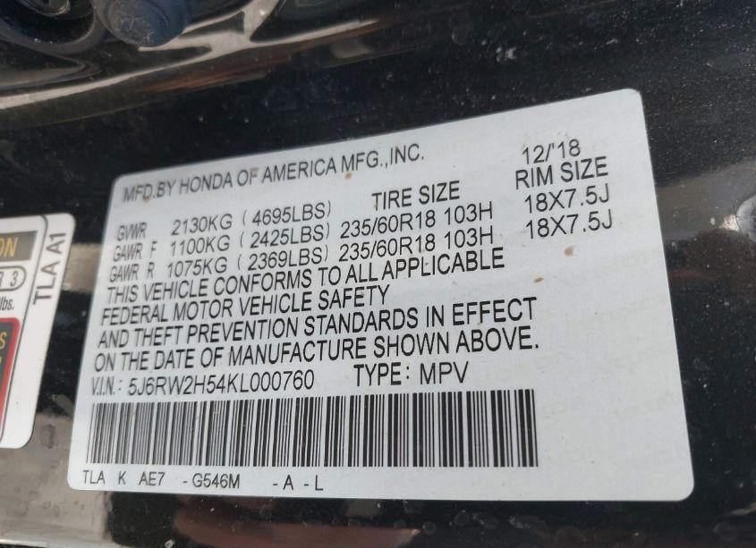 Photo 9 of 2019 Honda Cr-v EX (VIN 5J6RW2H54KL000760)