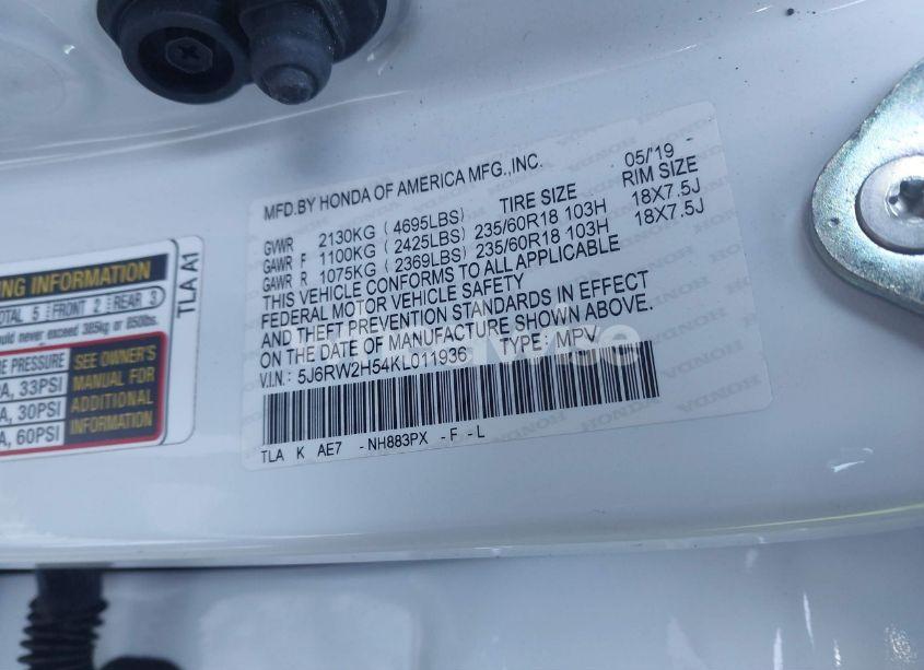 Photo 9 of 2019 Honda Cr-v EX (VIN 5J6RW2H54KL011936)