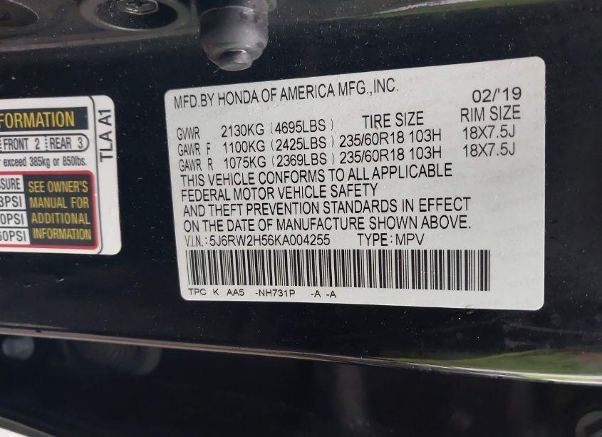 Photo 9 of 2019 Honda Cr-v EX (VIN 5J6RW2H56KA004255)