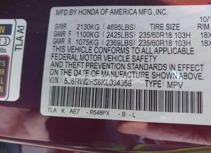 Photo 9 of 2019 Honda Cr-v EX (VIN 5J6RW2H56KL034358)