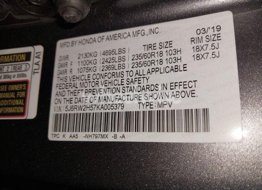 Photo 9 of 2019 Honda Cr-v EX (VIN 5J6RW2H57KA005379)