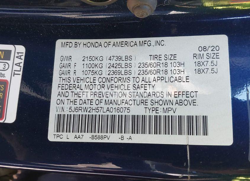 Photo 9 of 2020 Honda Cr-v AWD EX (VIN 5J6RW2H57LA016075)