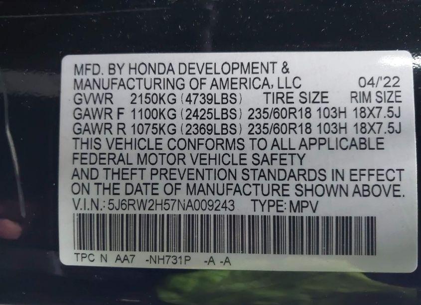 Photo 9 of 2022 Honda Cr-v AWD EX (VIN 5J6RW2H57NA009243)