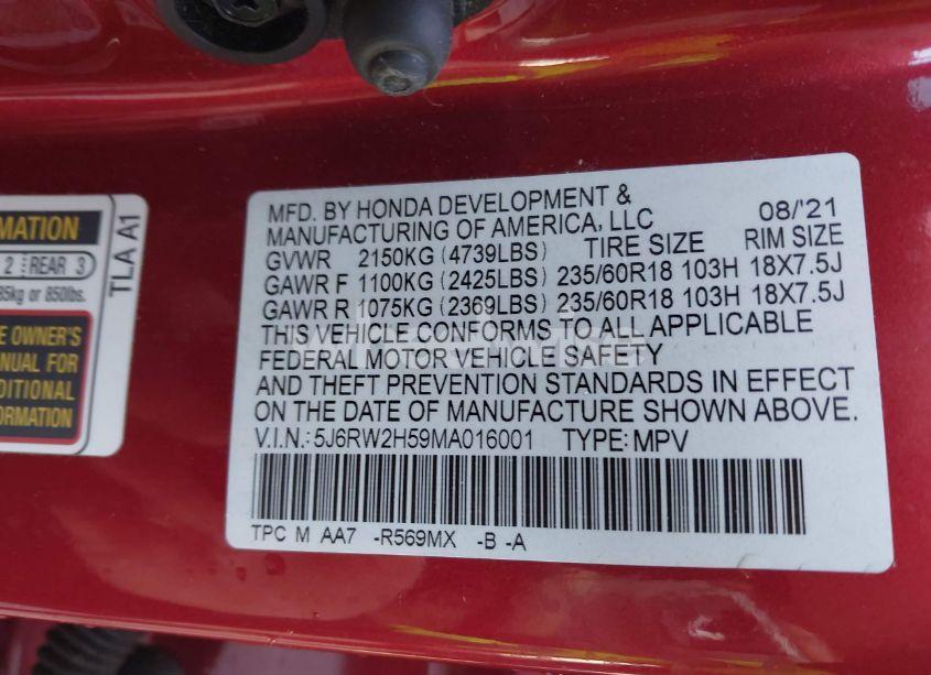 Photo 9 of 2021 Honda Cr-v AWD EX (VIN 5J6RW2H59MA016001)