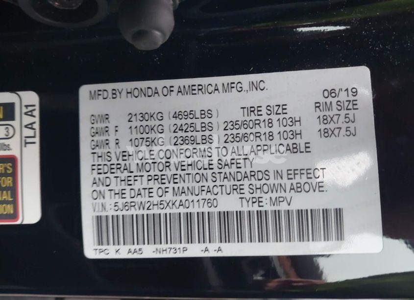 Photo 9 of 2019 Honda Cr-v EX (VIN 5J6RW2H5XKA011760)