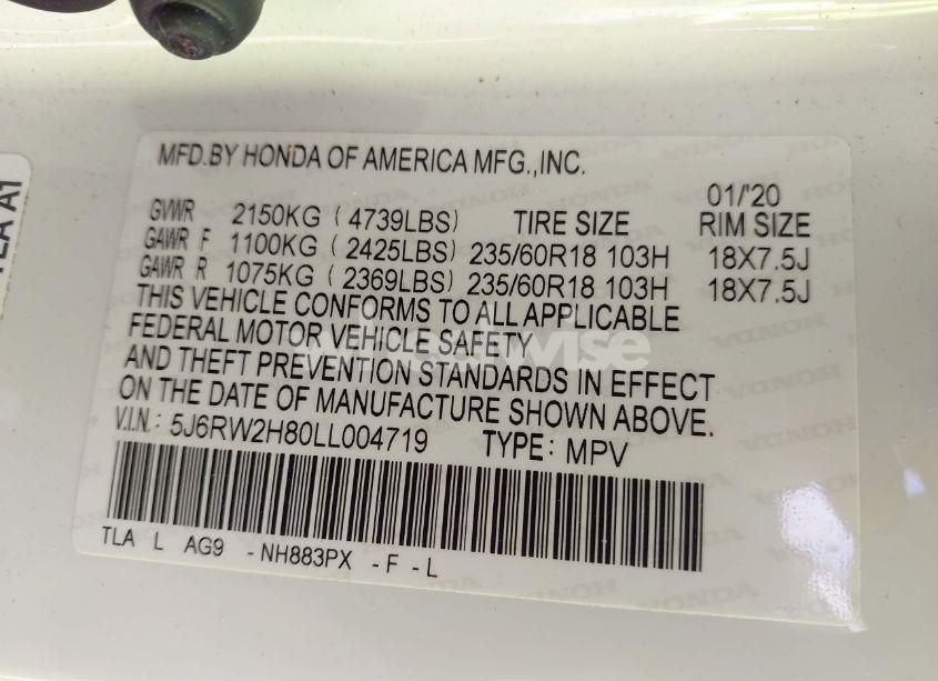 Photo 9 of 2020 Honda Cr-v AWD EX-L (VIN 5J6RW2H80LL004719)