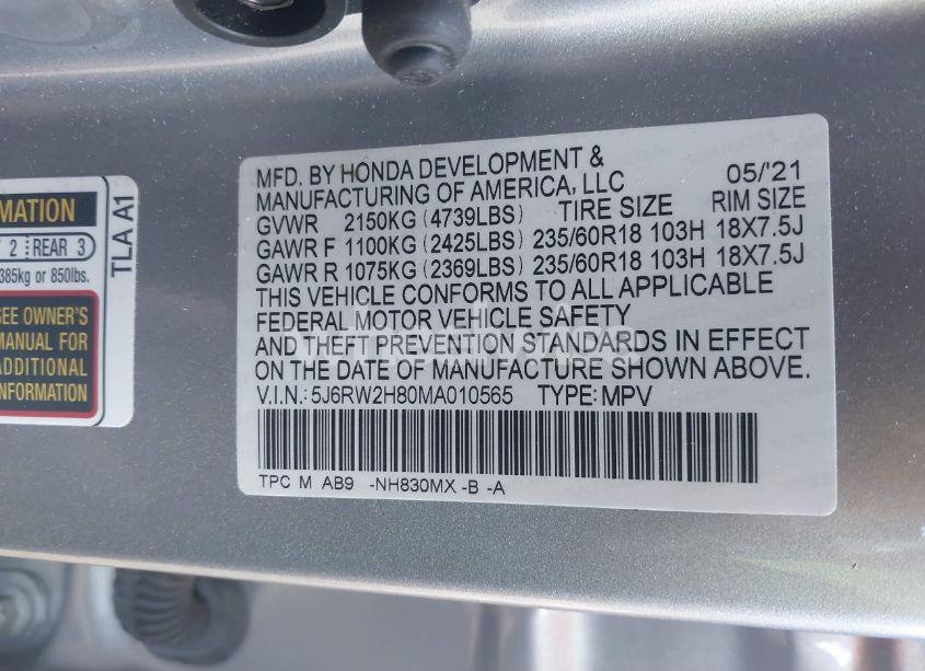 Photo 9 of 2021 Honda Cr-v AWD EX-L (VIN 5J6RW2H80MA010565)