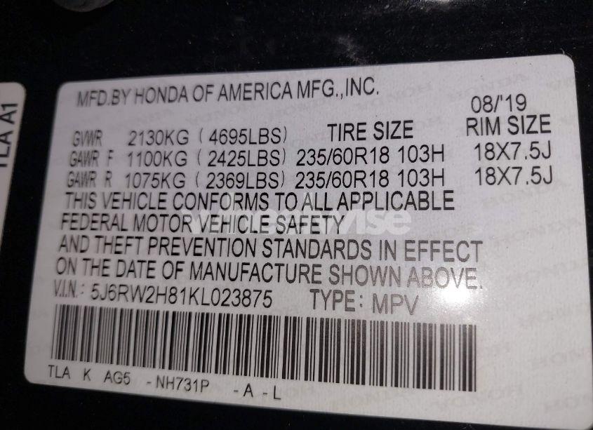 Photo 9 of 2019 Honda Cr-v EX-L (VIN 5J6RW2H81KL023875)