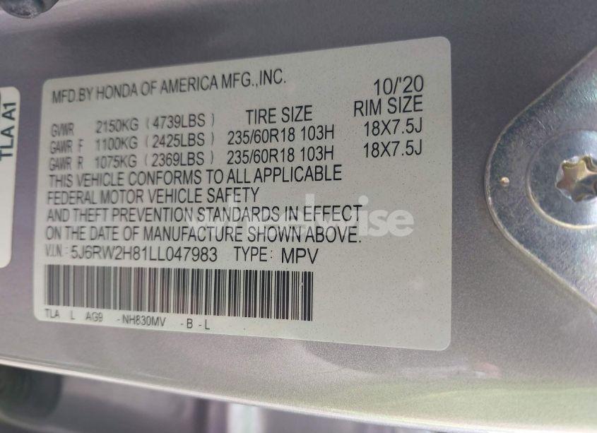 Photo 9 of 2020 Honda Cr-v AWD EX-L (VIN 5J6RW2H81LL047983)