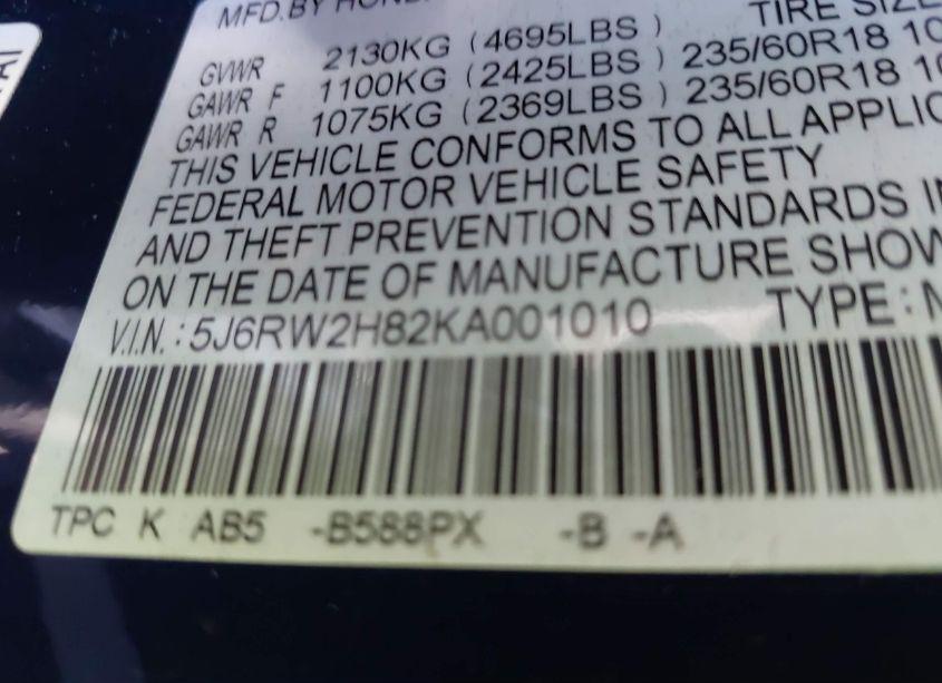 Photo 9 of 2019 Honda Cr-v EX-L (VIN 5J6RW2H82KA001010)