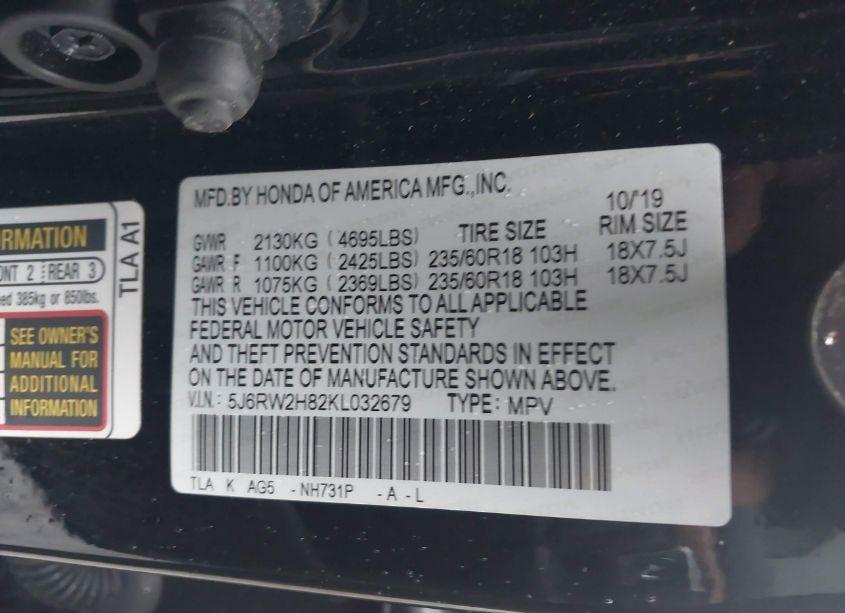 Photo 9 of 2019 Honda Cr-v EX-L (VIN 5J6RW2H82KL032679)