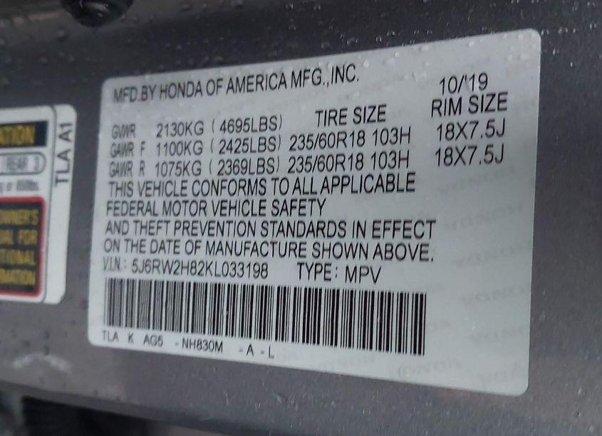 Photo 9 of 2019 Honda Cr-v EX-L (VIN 5J6RW2H82KL033198)