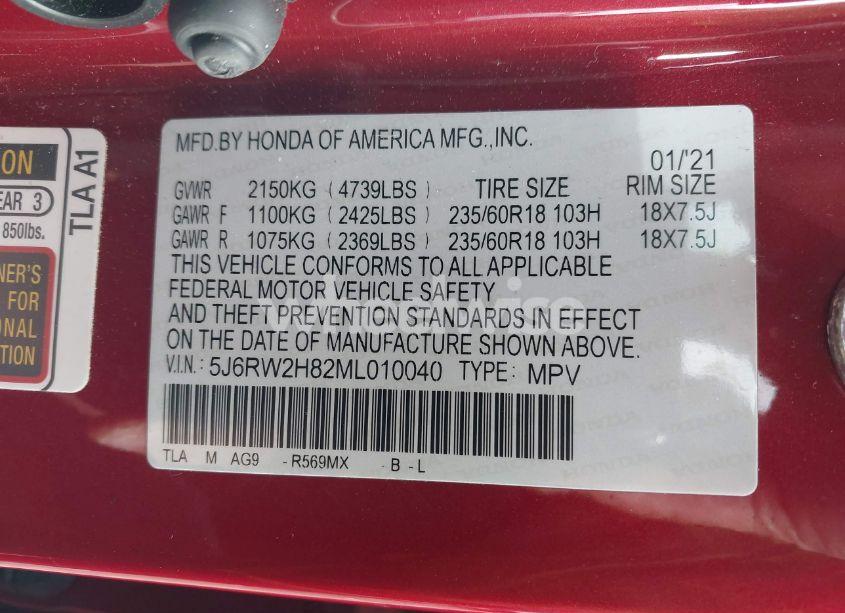 Photo 9 of 2021 Honda Cr-v AWD EX-L (VIN 5J6RW2H82ML010040)