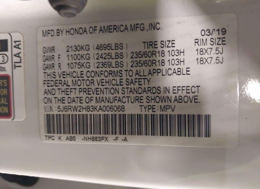 Photo 9 of 2019 Honda Cr-v EX-L (VIN 5J6RW2H83KA006068)