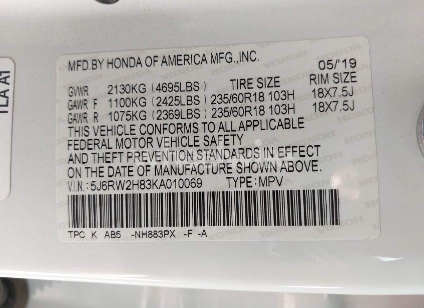 Photo 9 of 2019 Honda Cr-v EX-L (VIN 5J6RW2H83KA010069)