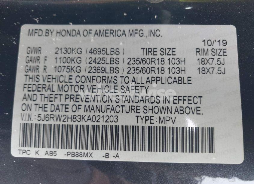 Photo 9 of 2019 Honda Cr-v EX-L (VIN 5J6RW2H83KA021203)