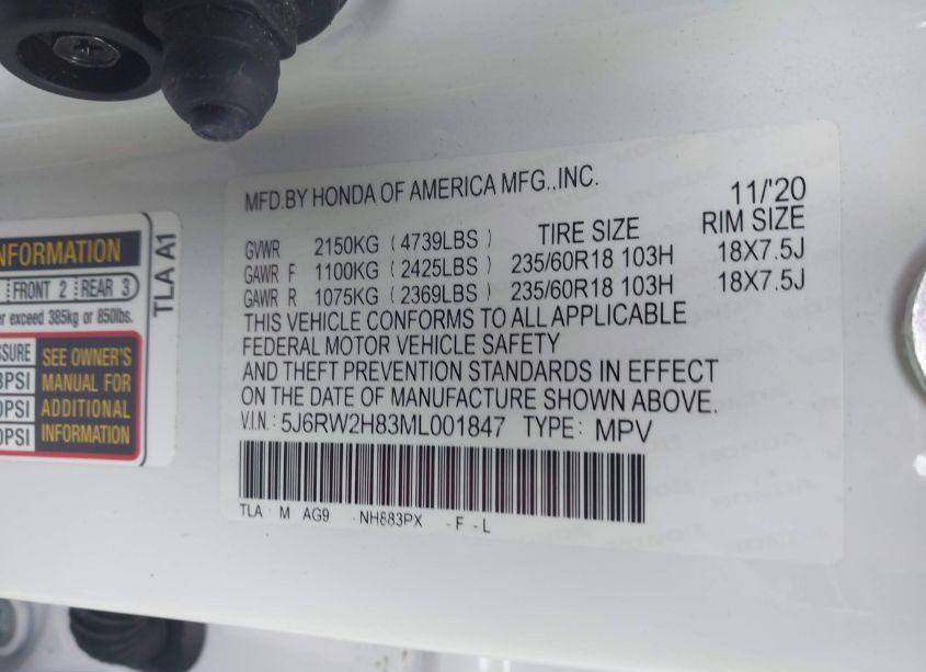 Photo 9 of 2021 Honda Cr-v AWD EX-L (VIN 5J6RW2H83ML001847)