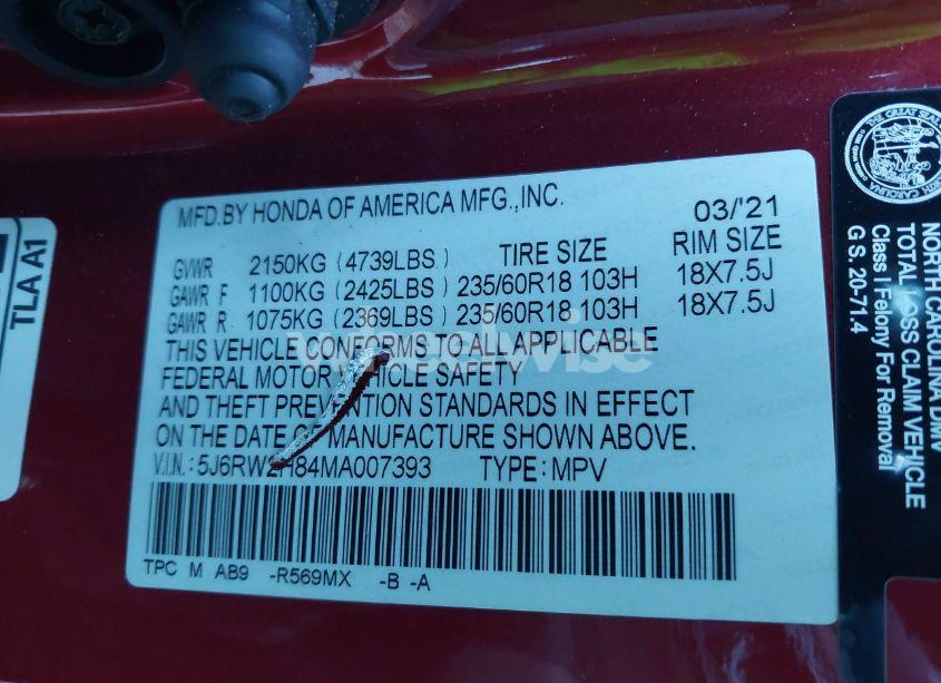 Photo 9 of 2021 Honda Cr-v AWD EX-L (VIN 5J6RW2H84MA007393)