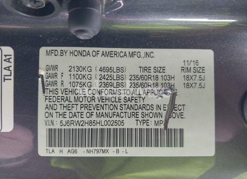 Photo 9 of 2017 Honda Cr-v EX-L/EX-L NAVI (VIN 5J6RW2H85HL002505)