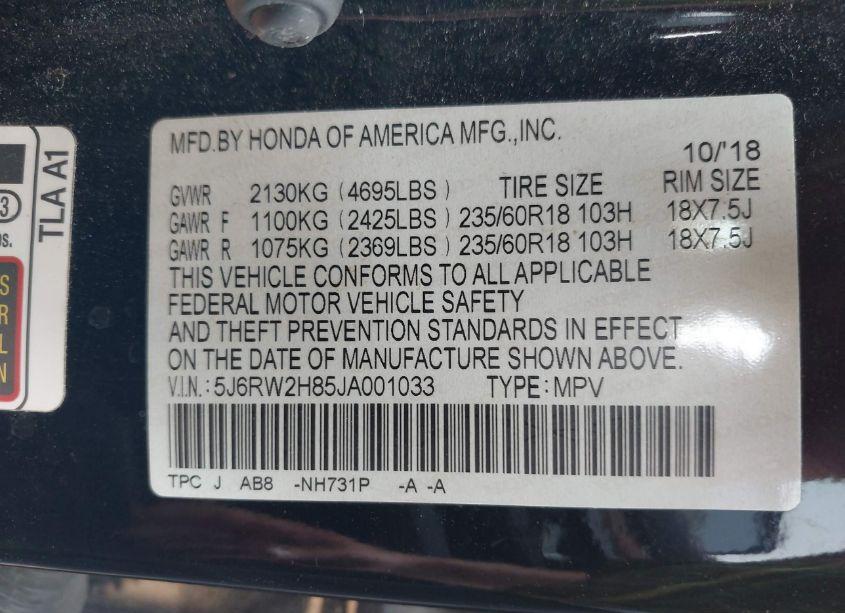 Photo 9 of 2018 Honda Cr-v EX-L/EX-L NAVI (VIN 5J6RW2H85JA001033)