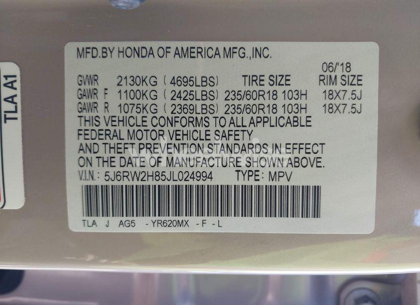 Photo 9 of 2018 Honda Cr-v EX-L/EX-L NAVI (VIN 5J6RW2H85JL024994)