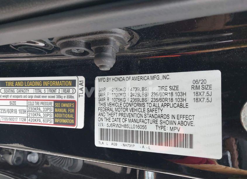 Photo 9 of 2020 Honda Cr-v AWD EX-L (VIN 5J6RW2H85LL016056)