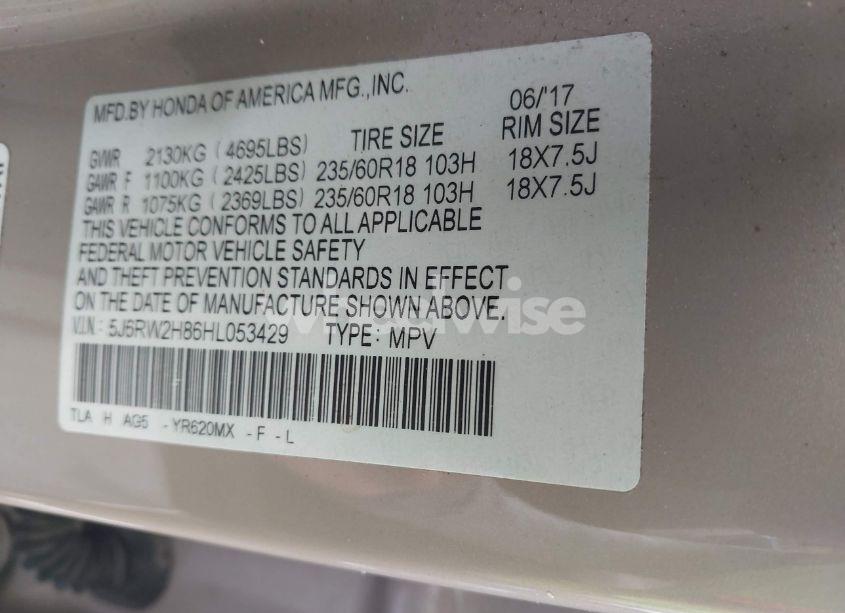 Photo 9 of 2017 Honda Cr-v EX-L/EX-L NAVI (VIN 5J6RW2H86HL053429)