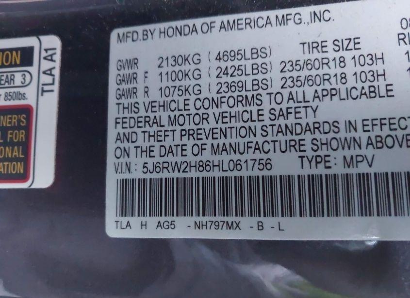 Photo 9 of 2017 Honda Cr-v EX-L/EX-L NAVI (VIN 5J6RW2H86HL061756)