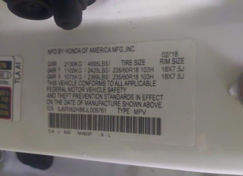 Photo 9 of 2018 Honda Cr-v EX-L/EX-L NAVI (VIN 5J6RW2H86JL009761)