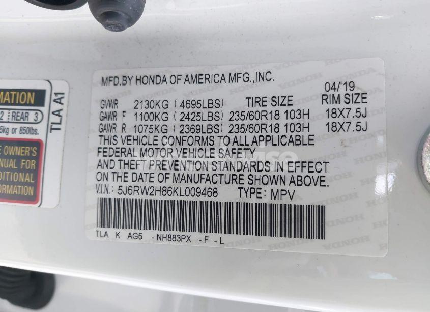 Photo 9 of 2019 Honda Cr-v EX-L (VIN 5J6RW2H86KL009468)