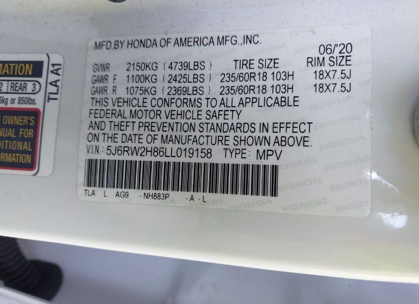 Photo 9 of 2020 Honda Cr-v AWD EX-L (VIN 5J6RW2H86LL019158)