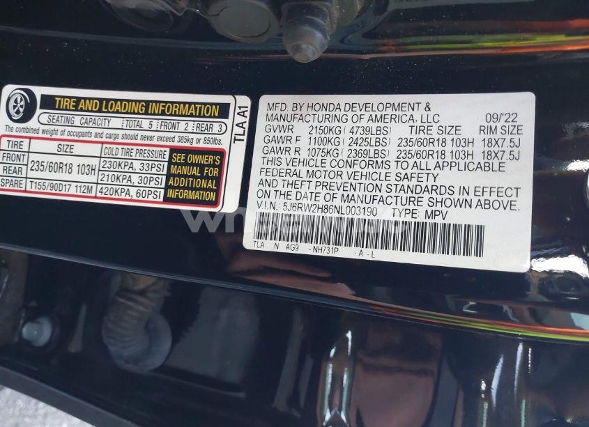 Photo 9 of 2022 Honda Cr-v AWD EX-L (VIN 5J6RW2H86NL003190)