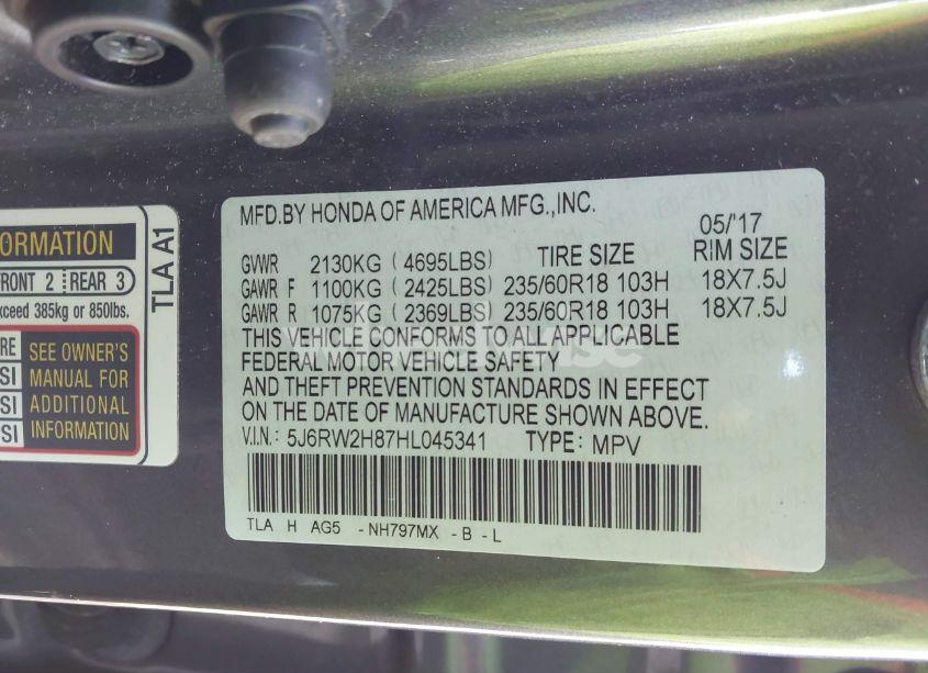 Photo 9 of 2017 Honda Cr-v EX-L/EX-L NAVI (VIN 5J6RW2H87HL045341)