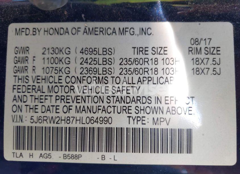 Photo 9 of 2017 Honda Cr-v EX-L/EX-L NAVI (VIN 5J6RW2H87HL064990)