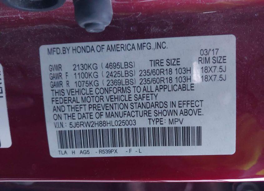 Photo 9 of 2017 Honda Cr-v EX-L/EX-L NAVI (VIN 5J6RW2H88HL025003)