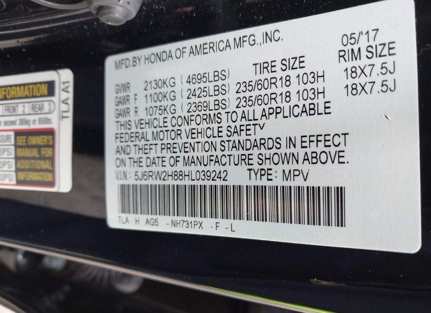 Photo 9 of 2017 Honda Cr-v EX-L/EX-L NAVI (VIN 5J6RW2H88HL039242)