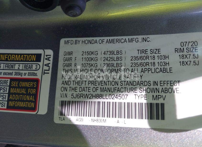 Photo 9 of 2020 Honda Cr-v AWD EX-L (VIN 5J6RW2H88LL024507)