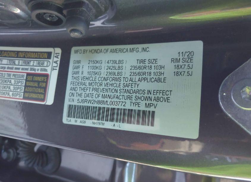 Photo 9 of 2021 Honda Cr-v AWD EX-L (VIN 5J6RW2H88ML003772)