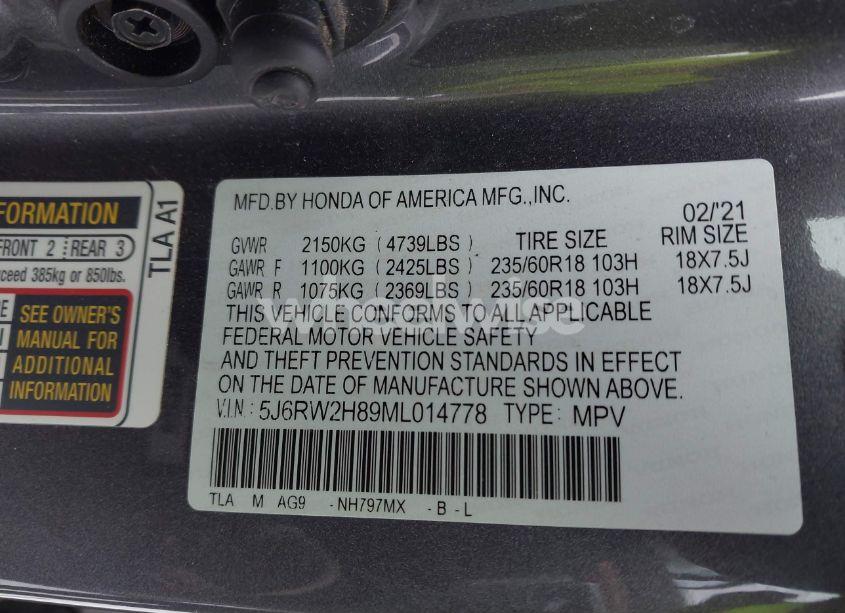 Photo 9 of 2021 Honda Cr-v AWD EX-L (VIN 5J6RW2H89ML014778)