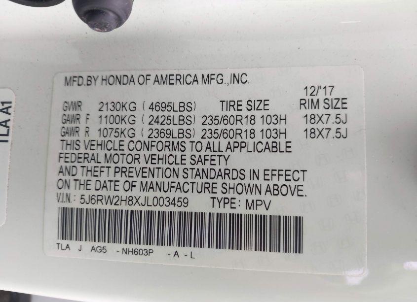 Photo 9 of 2018 Honda Cr-v EX-L/EX-L NAVI (VIN 5J6RW2H8XJL003459)