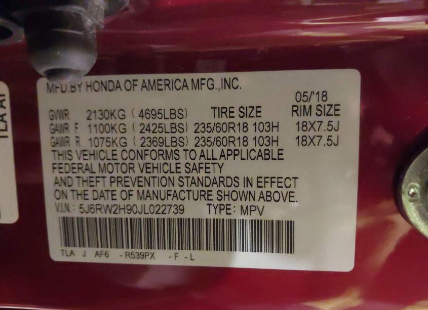 Photo 9 of 2018 Honda Cr-v TOURING (VIN 5J6RW2H90JL022739)