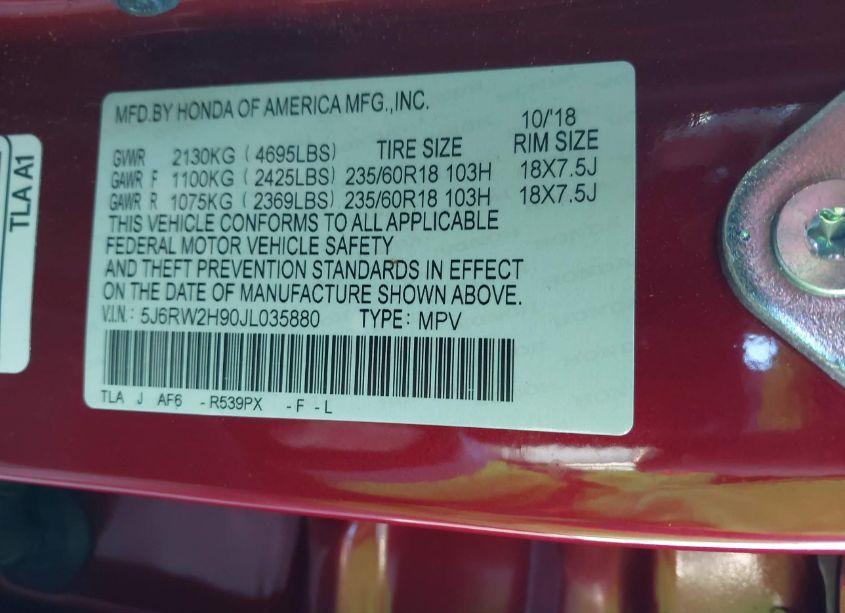 Photo 9 of 2018 Honda Cr-v TOURING (VIN 5J6RW2H90JL035880)