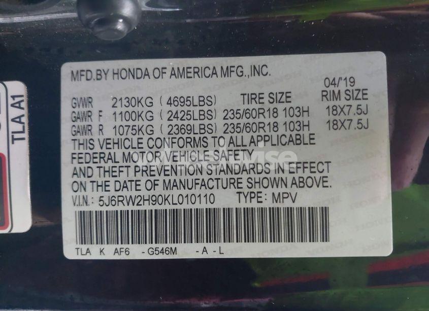 Photo 9 of 2019 Honda Cr-v TOURING (VIN 5J6RW2H90KL010110)