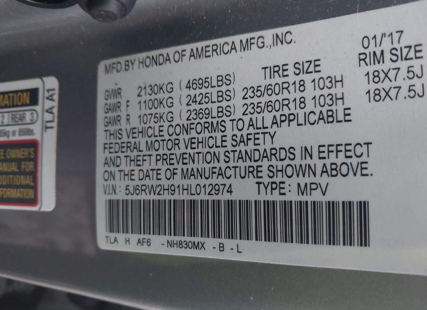 Photo 9 of 2017 Honda Cr-v TOURING (VIN 5J6RW2H91HL012974)