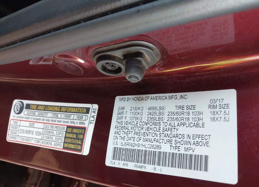 Photo 9 of 2017 Honda Cr-v TOURING (VIN 5J6RW2H91HL026289)