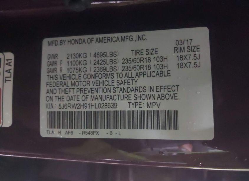 Photo 9 of 2017 Honda Cr-v TOURING (VIN 5J6RW2H91HL028639)