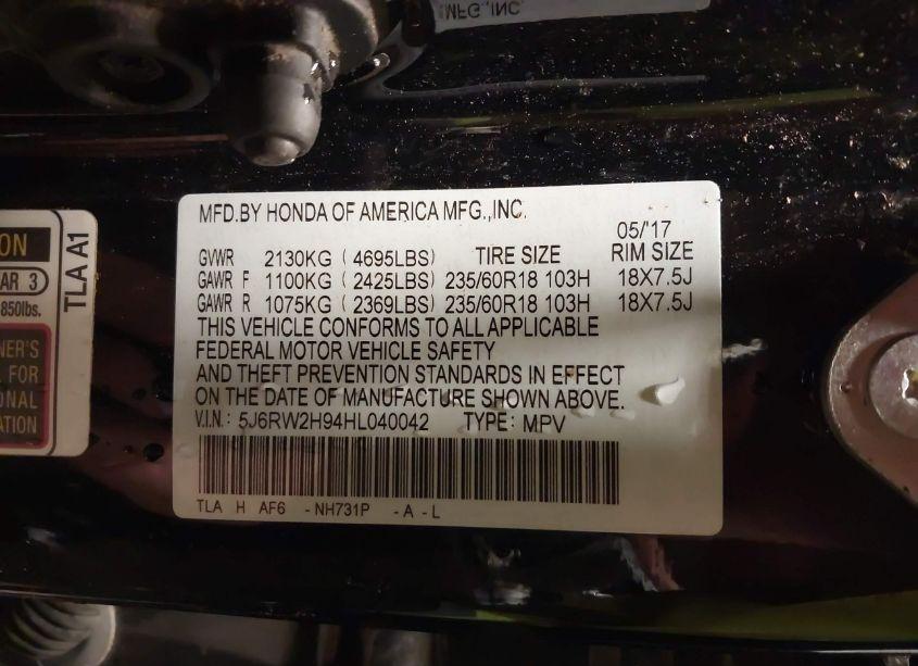 Photo 9 of 2017 Honda Cr-v TOURING (VIN 5J6RW2H94HL040042)