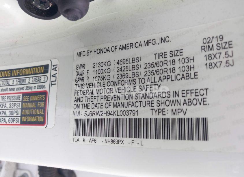Photo 9 of 2019 Honda Cr-v TOURING (VIN 5J6RW2H94KL003791)